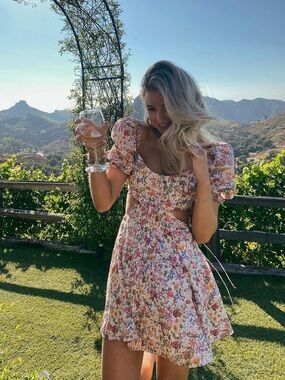 For Love & Lemons Pink Floral Puff-Sleeve Mini Dress